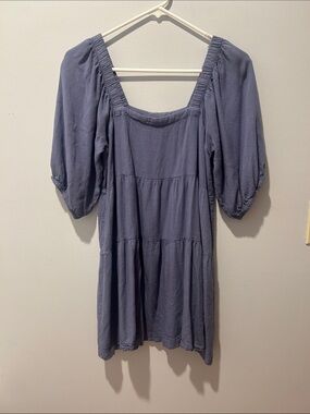 Square Neck Puff Sleeve Mini Dress in Muted Blue